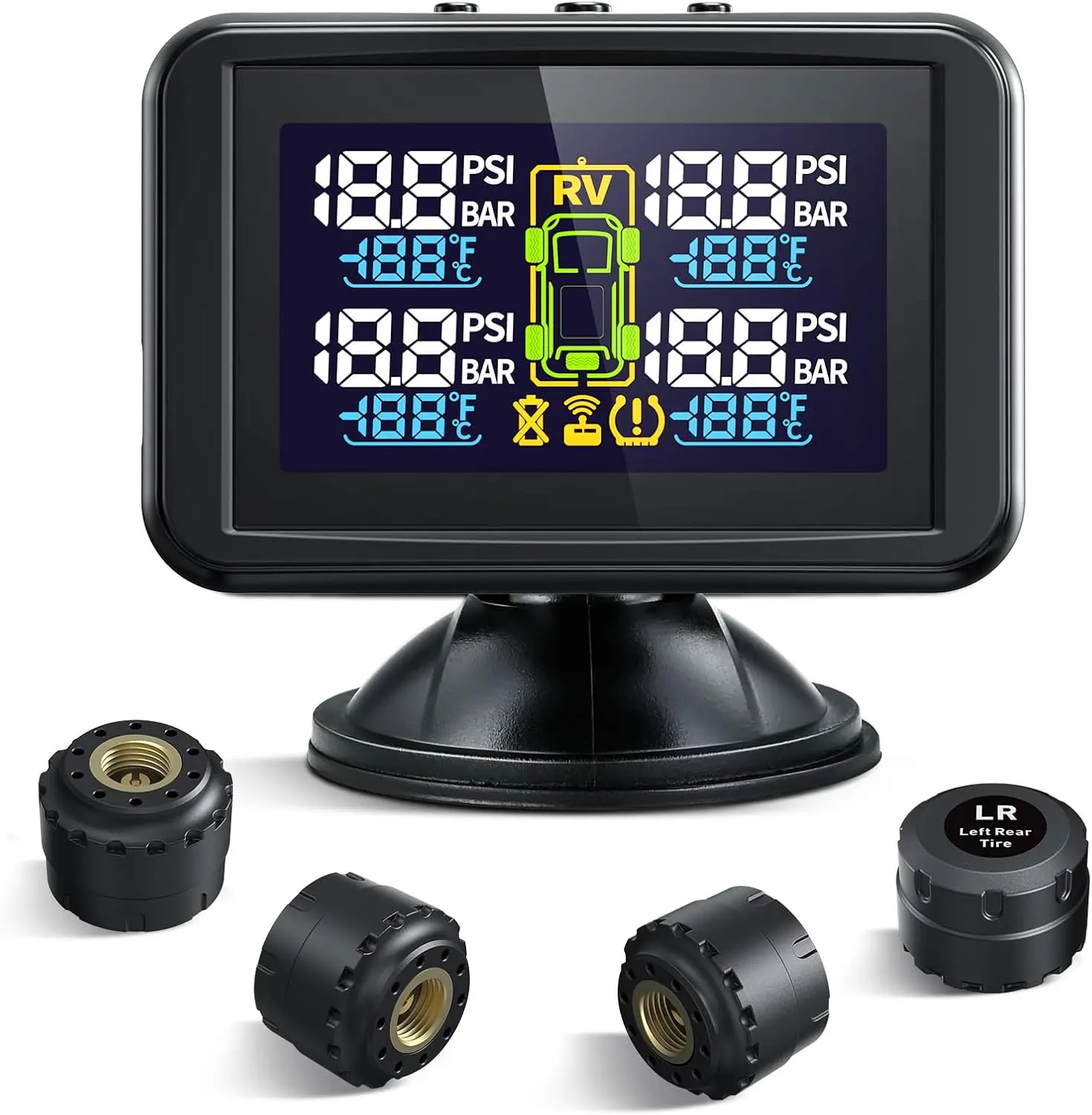Tymate TM5 RV Tire Pressure Monitoring System, TPMS Set of 4 Sensors Max. 10 Tires Info Monitoring, Large Color LCD, 5 Alarm Modes, 0-144PSI, USB Charge, For RV/Fifth Wheel/Trailer/Truck/SUV/Car