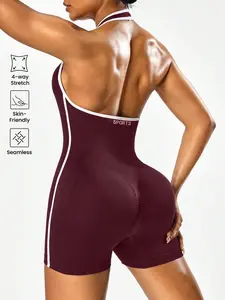 Women's Sporty Jumpsuit Shorts, Workout Jumpsuit, Sports Jumpsuits, Backless Hollow Design, Sexy Breathable Shorts, Athletic Style Activewear, Stretchable Activewear, Perfect for Gym Outdoor Sports, Daily Wear, Summer Sports Jumpsuits