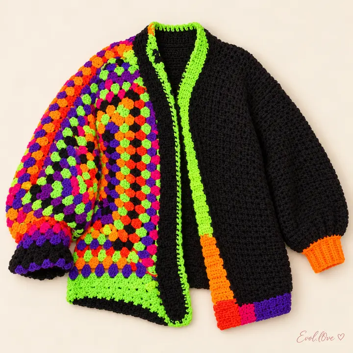 Neon Patchwork Crochet Cardigan