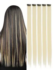 Women's Long Straight Clip-In Synthetic Fiber Hair Extension Set, Perfect for Daily Wear & Special Occasions, 20 Inch Colorful Clips