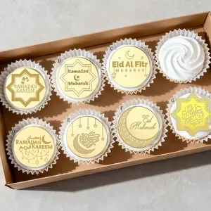 10Pcs/20Pcs Gold Acrylic Eid Mubarak Cupcake Toppers Circle Dessert Cake DIY Decorations Eid Celebrations for Ramadan Kareem Party Supplies