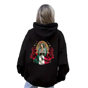Black Virgin Mary Mexican Flag Print Hoodie Sweatshirt Women’s Short Sleeve T-Shirt Comfortable Religious Streetwear Summer Fall Outfit