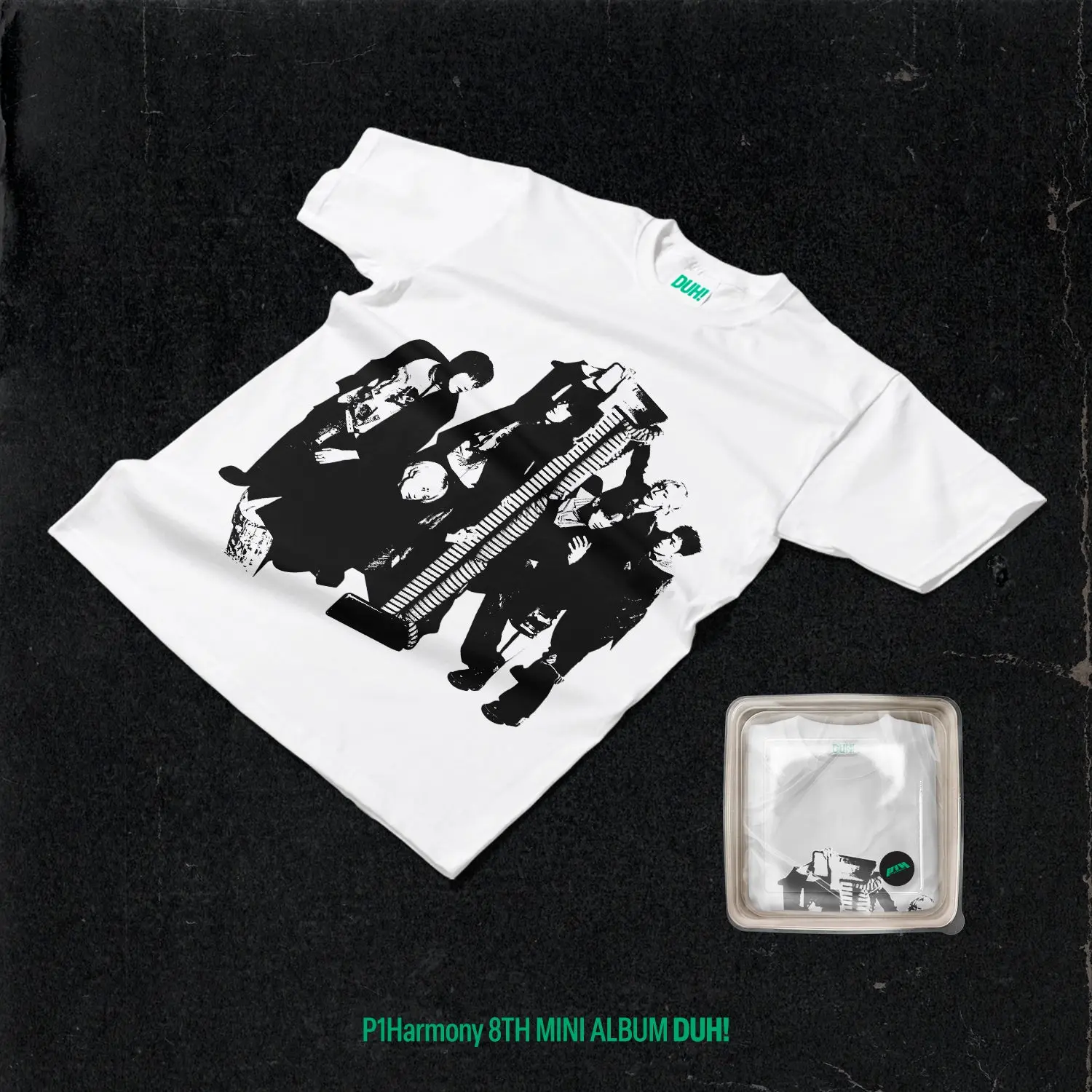 P1Harmony – DUH! [Plain White T Ver.] (Limited Edition) | 8th Mini Album Official K-Pop CD + White T-Shirt Bundle | Photobook, Random Photocards, Poster & Stickers | DUH / Pretty Boy / Murmur / Flashy / Over And Over / Work