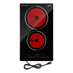 VEVOR Electric Cooktop 12inch 2 Burners Portable Stove Top 1800W 120V, Ceramic Countertop/Built-in Radiant Electric Stove, with 9 Power Levels, Timer, Child Lock, Over-Heat Guard, Touch Control