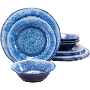 12 Pcs Blue Melamine Dinnerware Set, Shatterproof and Dishwasher Safe, Ideal for Indoor and Outdoor Use