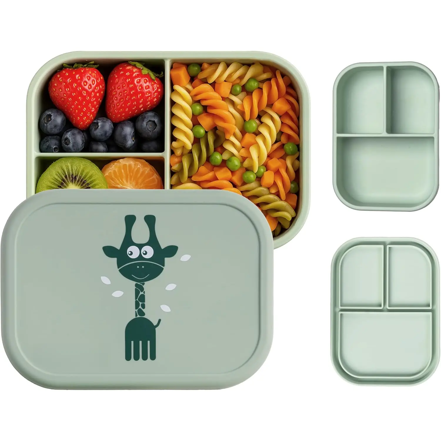 Silicone Bento Lunch Box for  & , Leakproof & BPA-Free, 3 Compartments, Microwave & Dishwasher Safe, Ideal for ,  &  Meals (Sage)