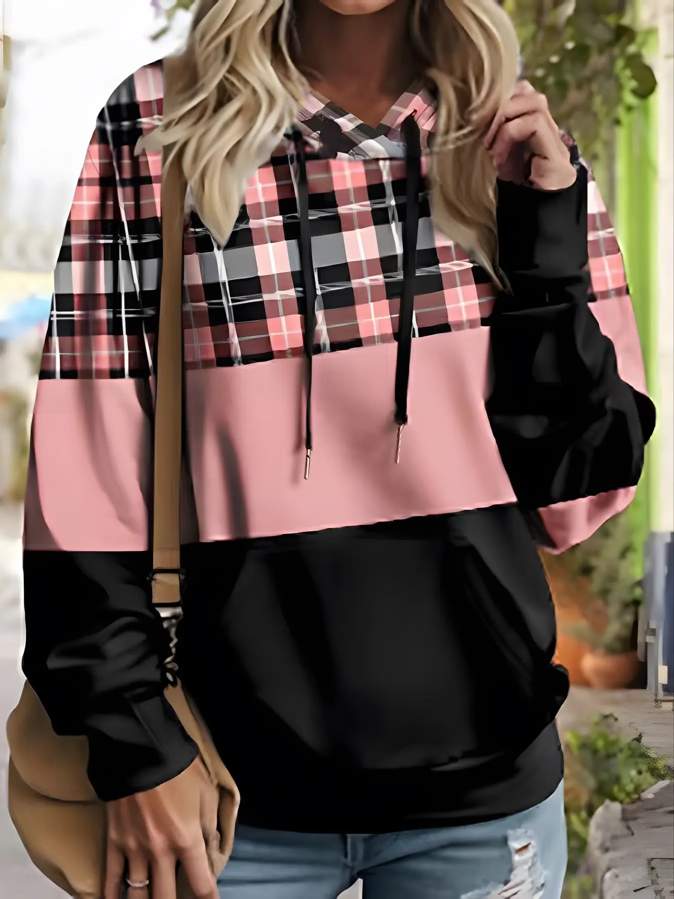 Women's Plus Size Casual Loose Hoodie, Autumn Winter Elegant Plaid Colorblock Patchwork Print, Drawstring Pocket Design, Comfortable Sweatshirt