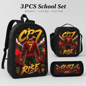 3PCS Soccer Backpack Set for Boys Girls Teens, Football No.7 Graphic School Backpack with Insulated Lunch Bag and Pencil Case, 600D Oxford Cloth Bookbag Set with Padded Straps, Side Pockets for School Travel