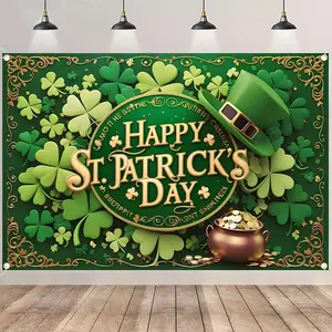 Happy St. Patrick's Day Backdrop Banner, Green Shamrock Leprechaun Hat Pot of Gold Decorations, Durable Polyester Fabric Photo Booth Prop, Reusable Easy to Clean, Perfect for Irish Party, Pub Event, School Celebration, Home Decor, Gift for Irish Friends