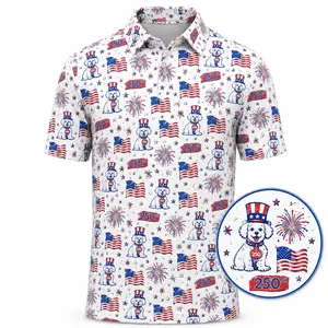Men’s USA 250th Anniversary Patriotic Polo Shirt – Premium American Flag Fireworks All Over Print Performance Golf Polo for 4th of July Celebration
