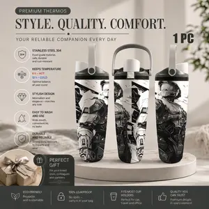 1pc 30.5oz (900ml) Halo Master Chief Stainless Steel Tumbler with Handle & Dual Drink Lid, 6H Hot/12H Cold Insulated Water Bottle, Leakproof Travel Mug, Printed Black & White Comic Style Cup for Gamers