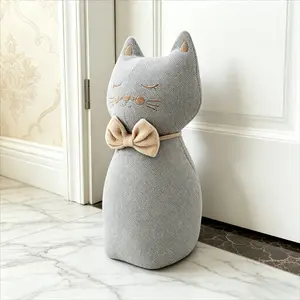 29cm Cute Gray Cat Door Stopper with Bowknot, Decorative Fabric Door Wedge, Blocks Summer Bugs & Noise, Heavy Weight, Perfect for Apartment & Bedroom Decor