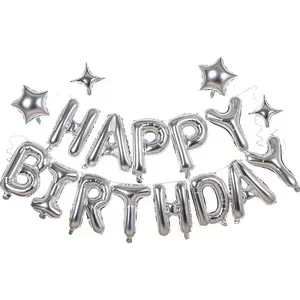 Silver Happy Birthday Banner Balloon Aluminum Foil 16 Inch Letter,10 Inch Five Pointed Star Four Pointed Star Suitable for Kids, Men, Women, Boys and Girls Party Decoration Supplies