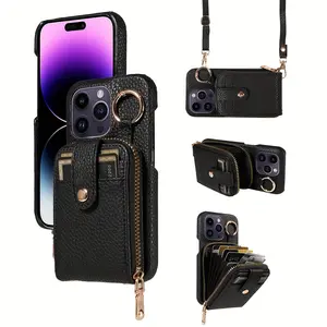 Anti-Drop Phone Case with Card Holder, Crossbody Bag for iPhone 17/16/15/14 Series, Long Lanyard, Multi-Function Zipper Wallet Cover, Phone Cover Casing