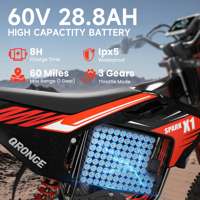 Qronge Youth & Adult Electric Bike 4500W Peak Power Mid-Mount Motor  Electric-Bike with 60V 28.8Ah Battery, 50MPH,  Battery 50 MPH Speed 14''/12'' Wheels 60 Miles   Bike with Long Range Dirt Mtb Ebikes