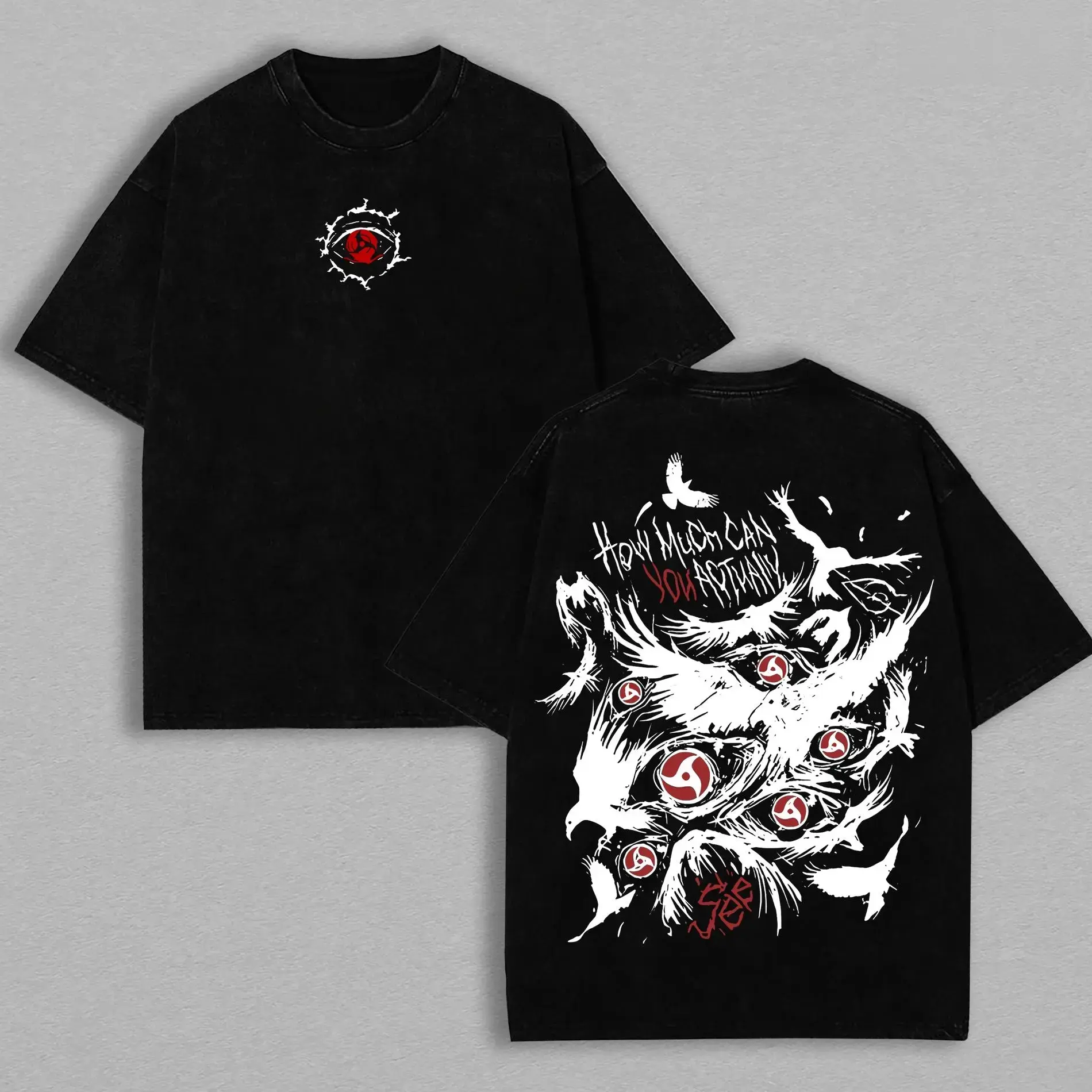 Men's Naruto Itachi Sharingan Vintage Acid Wash Graphic Tee - 100% Cotton, Soft Breathable, Oversized Round Crewneck Short Sleeve, Retro Vibe Casual Streetwear Tshirt for Men & Women (S-3XL), Center Print, Secure Your Size
