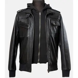 Men's Stylish Black Leather Jacket with Detachable Hoodie