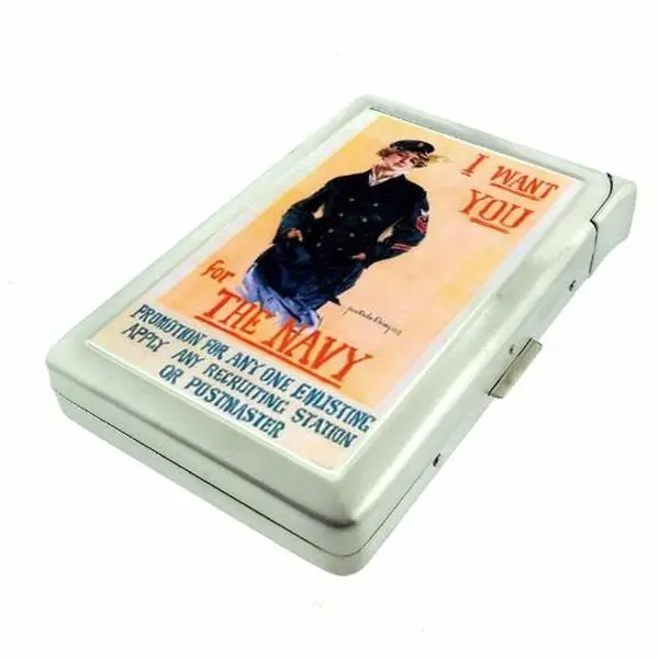 Vintage Style Navy Poster Ad 100's Sized Metal Case with Built in Lighter Wallet