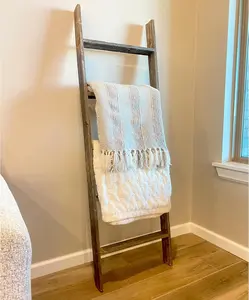 BarnwoodUSA Wooden Throw Blanket Ladder - Fully Assembled Reclaimed Wood - 5'-18" Weathered Gray Bathroom, Living Room Rustic Decor Towel Quilt Holder