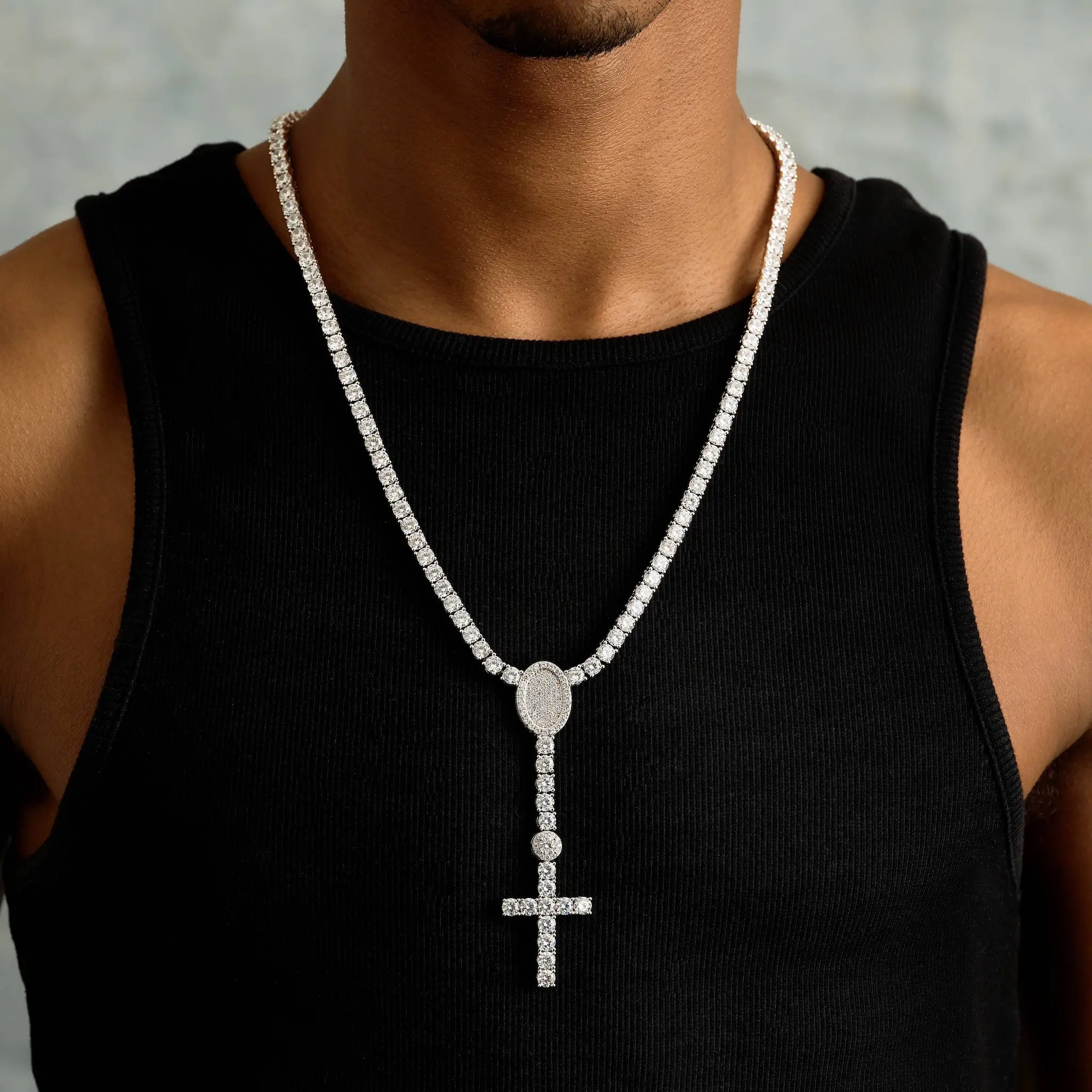 GLD 5MM Diamond Eternity Tennis Cross Rosary Lariat in White Gold - Perfect Gift #tiktokshopsummersale GLD 5MM Diamond Eternity Tennis Cross Rosary Lariat in White Gold - Perfect Gift #tiktokshopsummersale