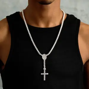 GLD 5MM Diamond Eternity Tennis Cross Rosary Lariat in White Gold - Perfect Gift