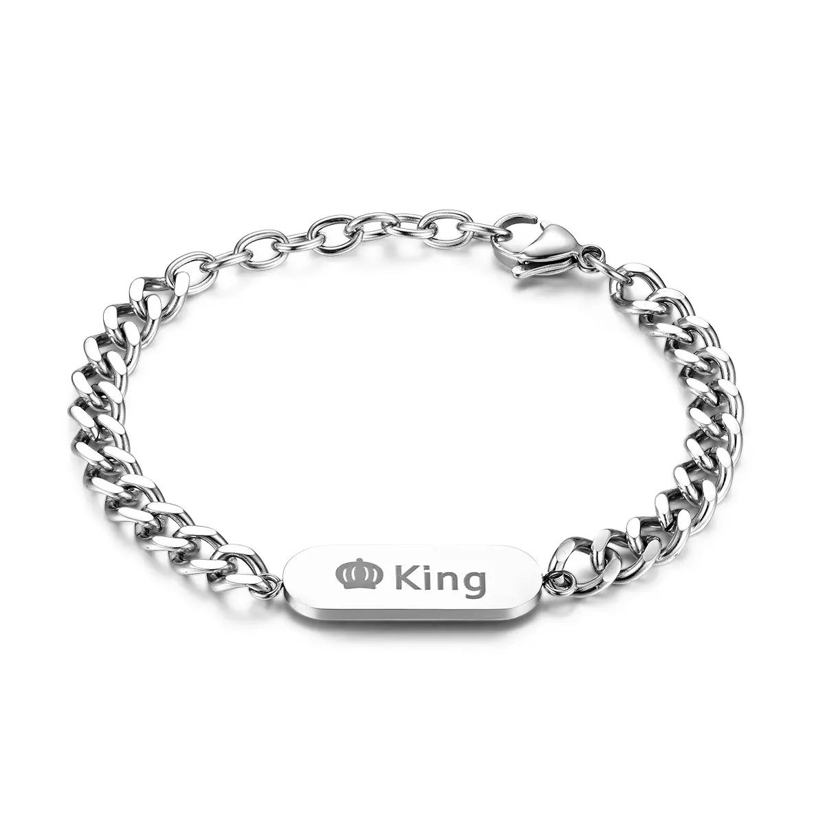 OIDEA Stainless Steel Couple Bracelet Set - Engraved 'King' Statement, Polished Design, Personalized Permanent Engraving Chain Jewelry Bracelets & Bangles, Valentine's Day Gift for Men & Women, Engraved Statement Bracelets & Bangles