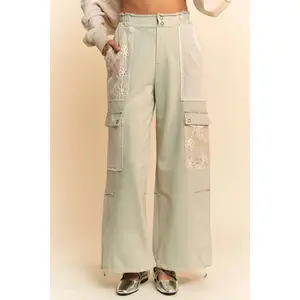 Davi & Dani Lace Patchwork Bottom Opening Adjustable Pants