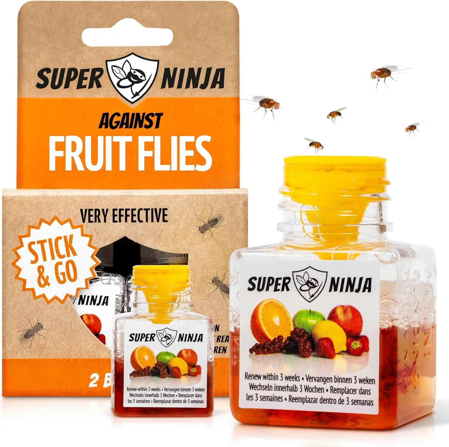 Super Ninja Fruit Fly Traps for Indoors - 2 Pack, Highly Effective Fruit Fly Catcher for Indoor Use for Home & Kitchen, Up to 3 Weeks of Performance per Bottle, Kid & Pet Friendly