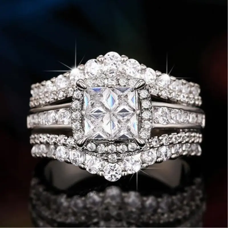 Square Five-in-One Ring for Women, S925 Sterling Silver, Micro Pave CZ Stones, Halo Design, Elegant Stacking Jewelry, Perfect Gift for Girlfriend, Wife, Anniversary, Birthday