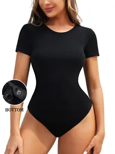 Women's Round Neck Short Sleeve Romper, Anti-Exposure Design, Stable Button Hem, Spring & Fall Wear, Winter Layering Option, Bodysuits