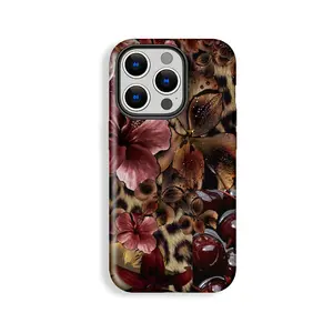 Stylish Flower Falling Leopard Cheetah Texture Cherry Collage Style Phone Case, Phone Case Suitable for Iphone 11/12/13/14/15/16/17 Pro Promax Plus Air