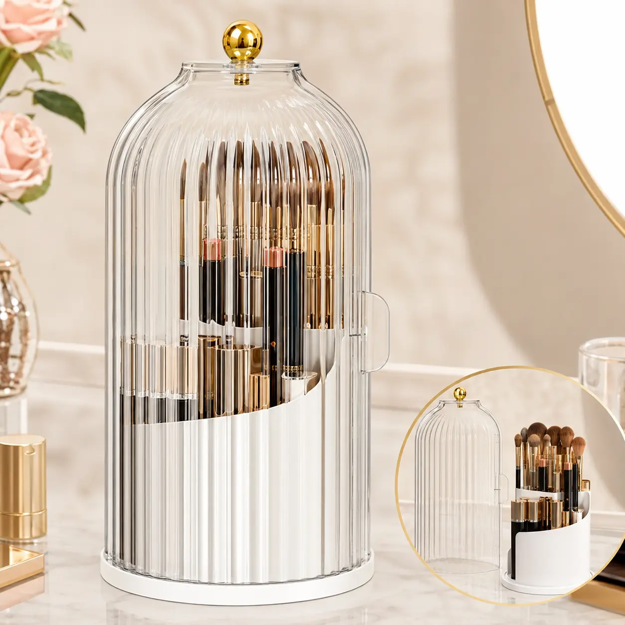 360° Rotating Makeup Brush Organizer with Lid, Dust-Proof Cosmetic Holder, Large Capacity Vanity Storage for Makeup Brushes, Lipsticks & Beauty Tools