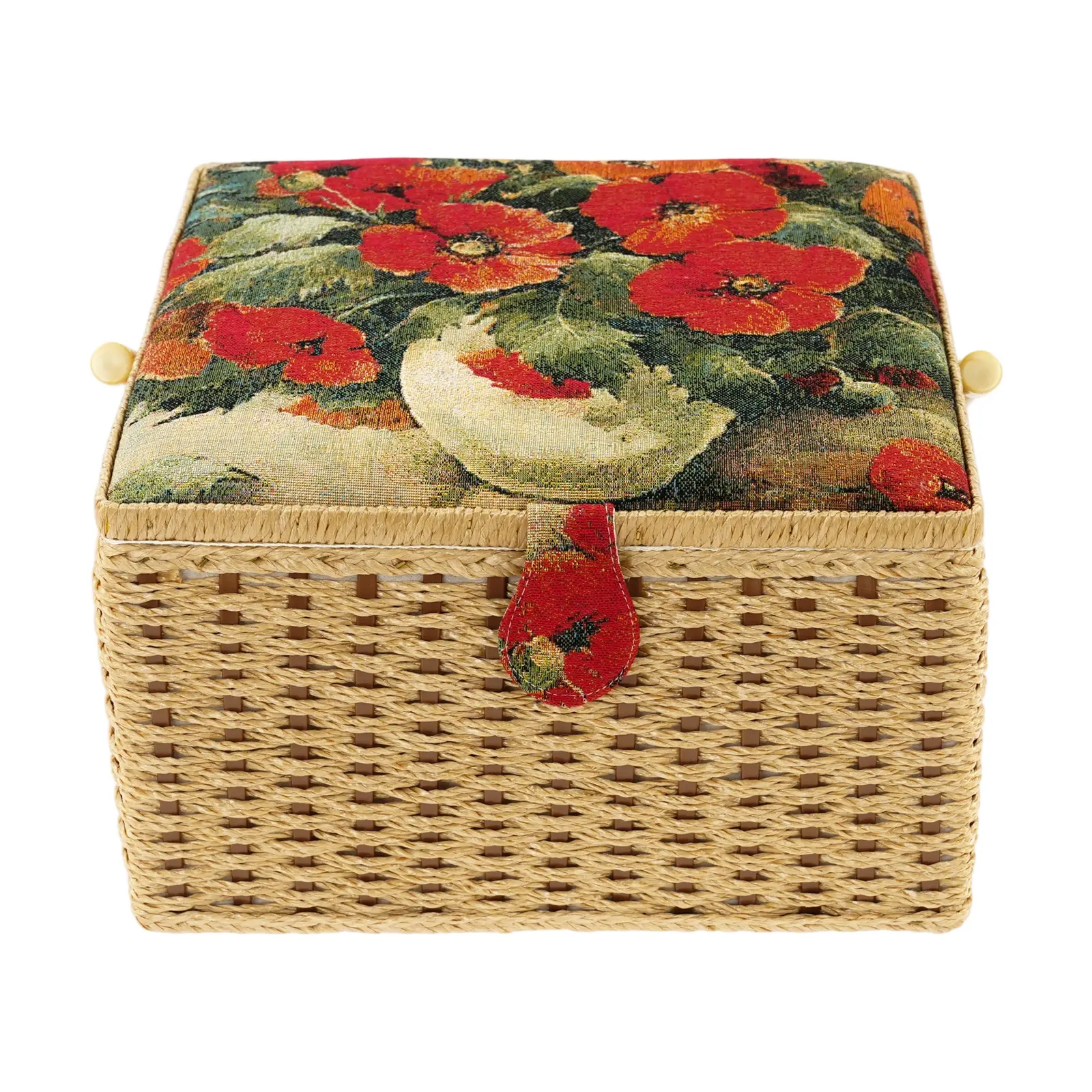 Vintage Floral Jacquard Fabric Rectangular Sewing Basket with Portable Metal Tray, Lightweight Craft Organizer Sewing Tool Kit for Craft Lovers, Ideal Gift (as picture shown),summerwins