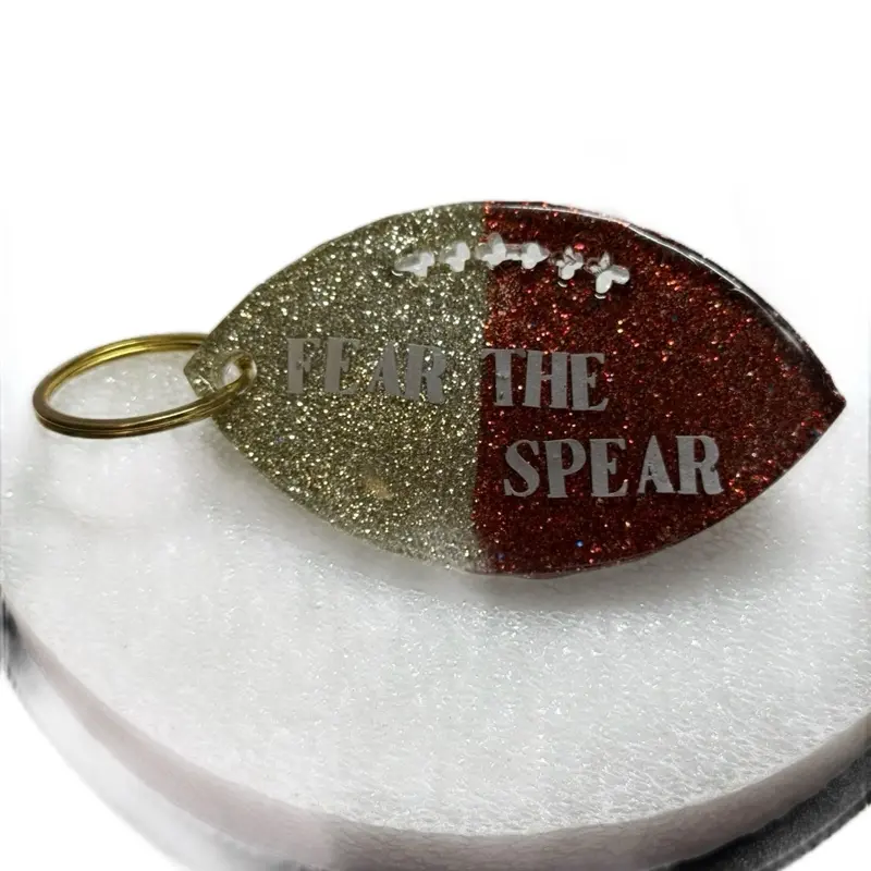Florida State University Football Keychain - Glitter Design with "FL ARE THE SPEAR" Text and Gold Ring