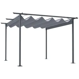 11.5' x 11.5' Outdoor Retractable Pergola – Gray. Heavy-Duty Powder-Coated Steel Frame. Retractable Shade – Customize Sun Exposure. PU Coated UV-Resistant Canopy. Water Drainage Holes
