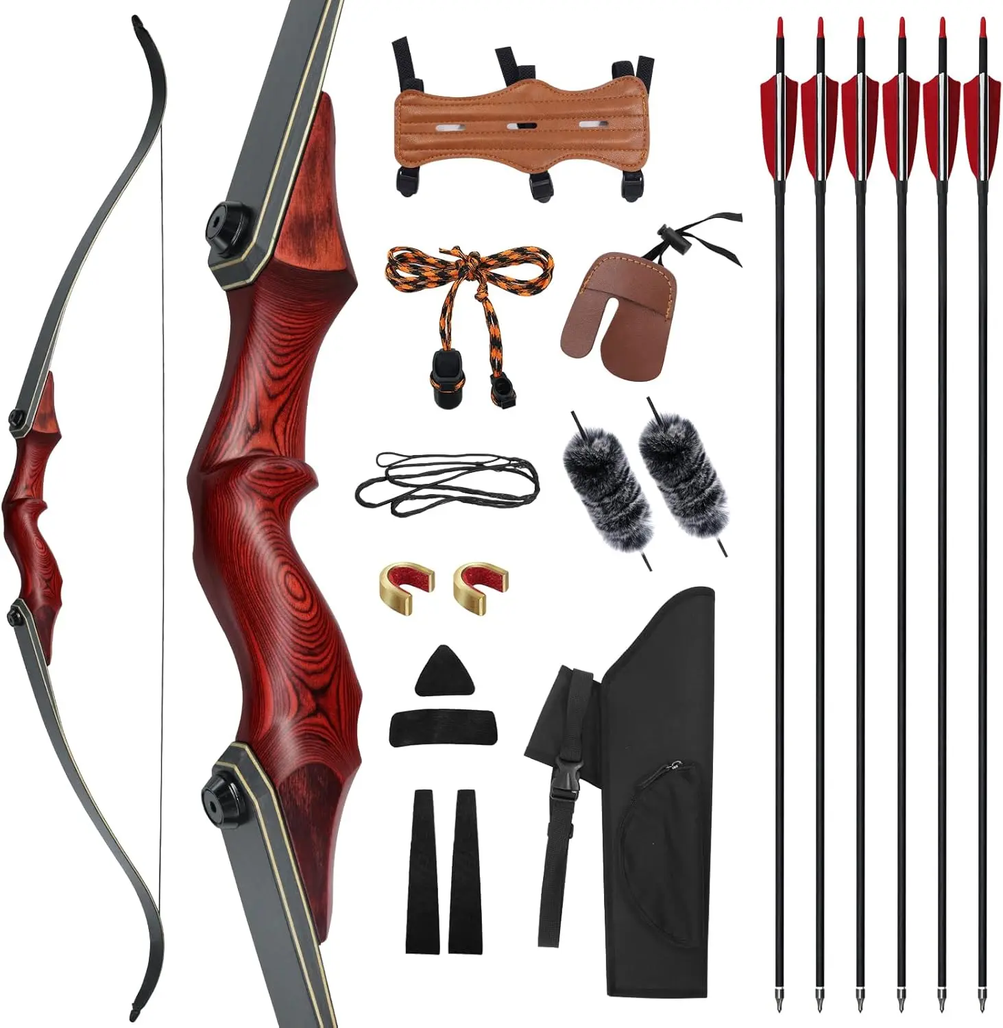 60'' Recurve Bow Right Hand Archery Bow with Turkey Feather Arrows 20-60lbs Takedown Recurve Bow and Arrow Set with Ergonomic Riser Archery Bows for Adults for Outdoor Practice Target Shooting