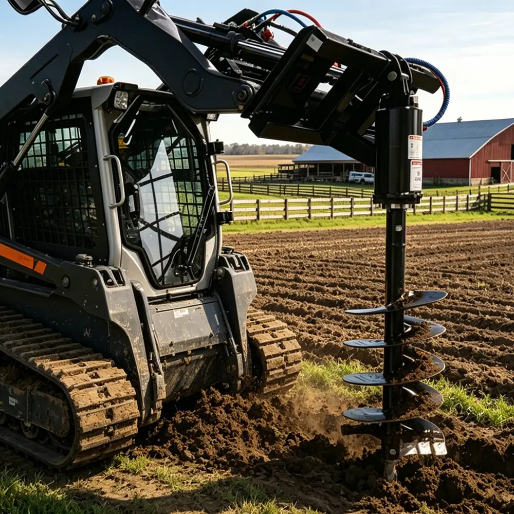 LANDY Skid Steer Post Hole Auger - 9" Hydraulic Earth Drill Attachment with Hoses, No Couplings, Planetary Drive, Hydraulic Motor, Quick Attach Plate, Long Life, Universal Fit for Post/Tree Holes Digging