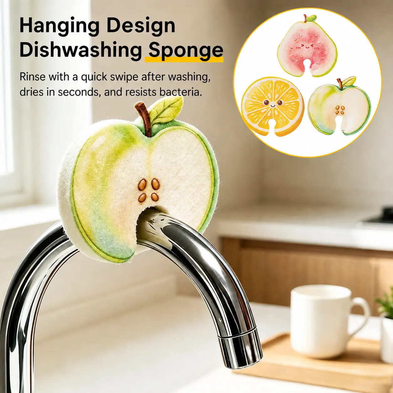 Compressed Cellulose Sponges - 3 Pack Fruit Shaped Natural Pop Up Dish Sponge for Kitchen - Compostable, Plant-Based, Non Scratch Cleaning Sponges Bulk for Dishes & Household Cleaning