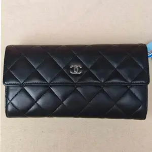 Pre-owned CHANEL Authentic Black Quilted Lambskin Long Flap Wallet Silver Hardware