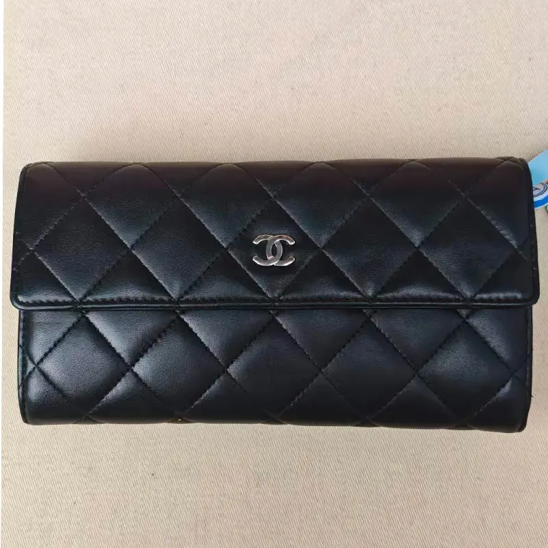 Pre-owned CHANEL Authentic Black Quilted Lambskin Long Flap Wallet Silver Hardware