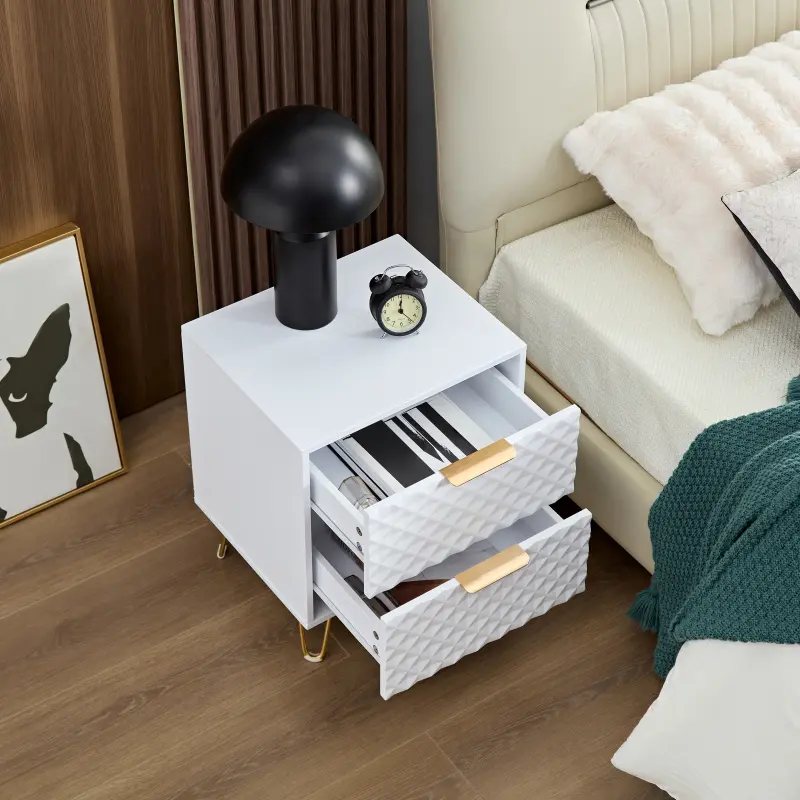 Bedroom Nightstand, Storage Locker, Luxury Carved Panel 2 Drawer Nightstand with Metal Legs, 20 Inch High Wooden Black Nightstand for Bedroom, Living Room, Lounge (1 Pack)