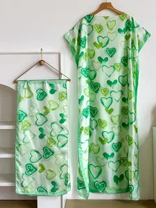 Elegant Long Robe Set with Multicolor Heart Print Shawl, Moomoo Dress + Headscarf Silk Scarf for Women, Beach Sun Protection