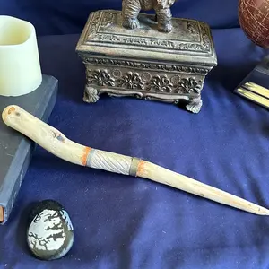 The Chimera Wand: Minotaur horn fused with unicorn horn. (Hackberry) 13 3/4”  Custom Handcrafted solid wood