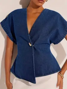 Women's Waist-Cropped Denim Top, Vintage V-Neck Batwing Sleeve Asymmetrical Open Front Cardigan, Stylish Retro Fashion Apparel Blouses, Womenswear