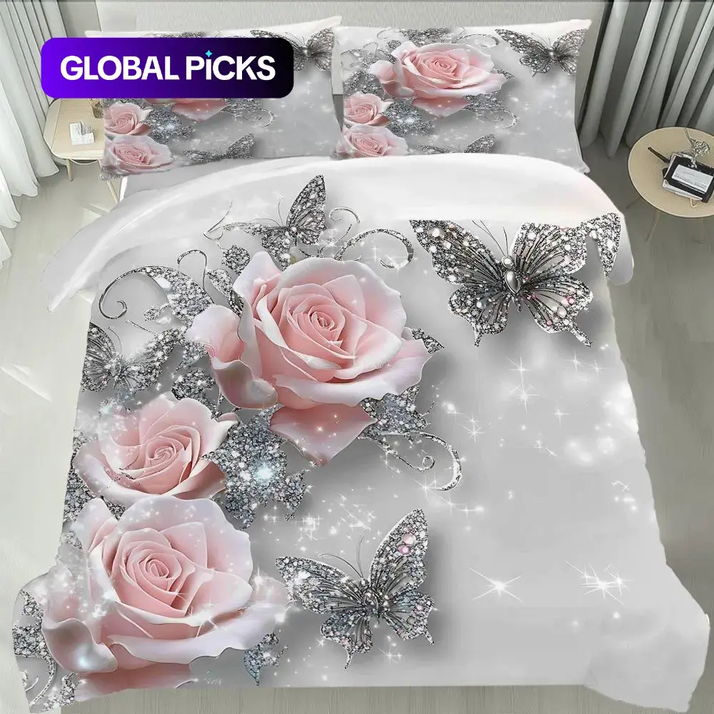 3pcs Rose & Butterfly Printed Decorative Duvet Cover Set, Elegant & Shiny Floral Duvet Cover, No Duvet or Pillow Inserts Included, Soft for All Seasons, Machine Washable, an Exquisite Gift for Friends & Family #GLOBAL PICKS