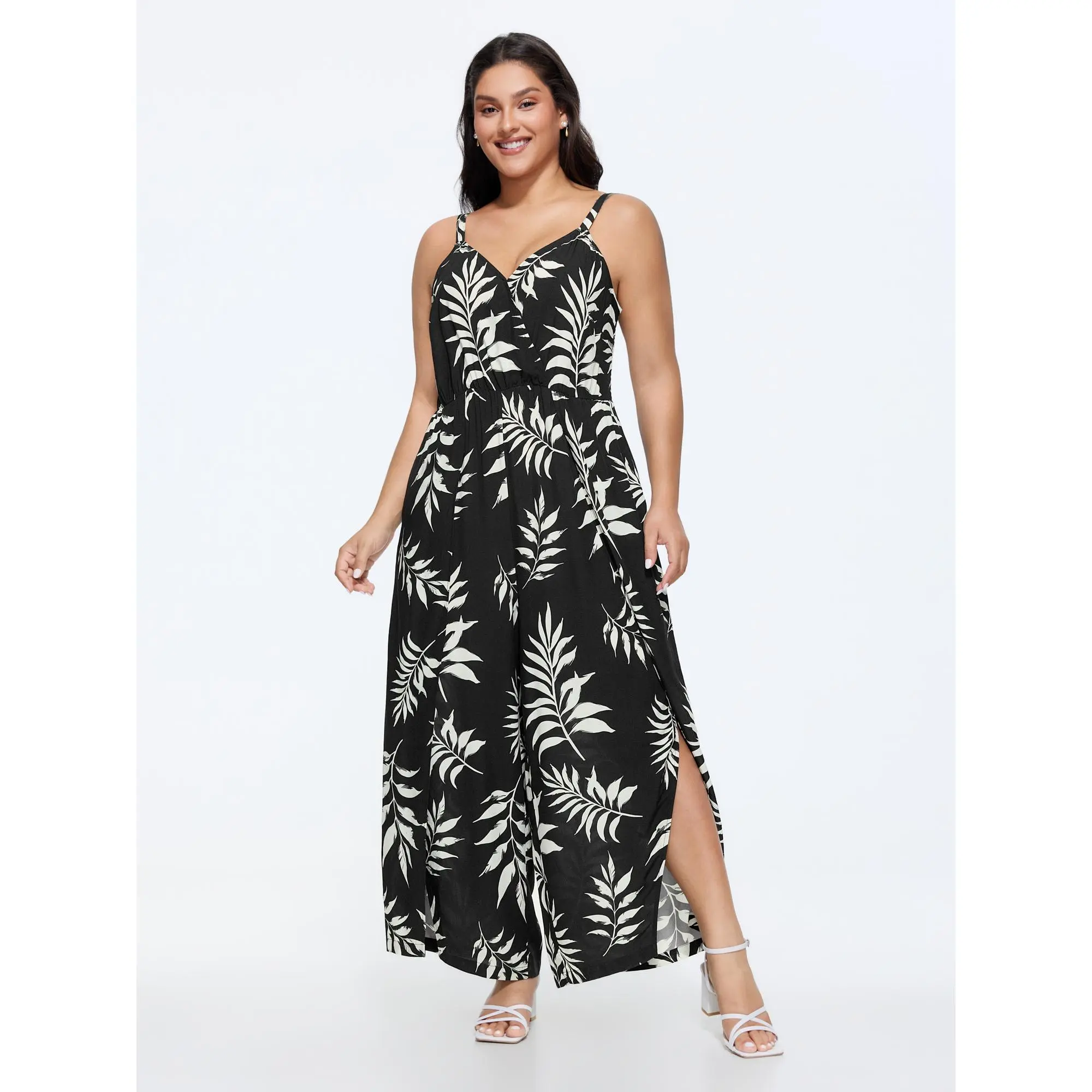 BLOOMCHIC Plus Size Tropical Leaf Print Side Slit Shirred Wide Leg Jumpsuit[M-6X]Summerfinds