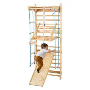 VEVOR Swedish Ladder Wall Gym, 8-in-1 15 Levels Solid Wood Wall Stall Bars, 220LBS Indoor Jungle Gym Climbing Playset with Wall Ladder, Slide Board, Pull-Up Bar, Gym Rings, Swing Seat, Rope Ladder