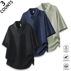 Water-Ripple Jacquard Polo Tee Mens Oversized Casual Short-Sleeve with Textured Fabric, Curved Hem & Classic Polo Collar for Daily Wear & Street Style