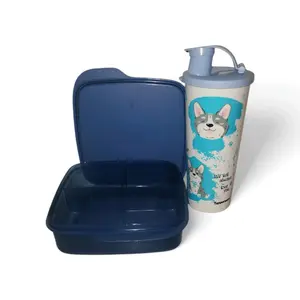 Tupperware Blue Eco Lunch & Husky Cup Set for Kids - Purple Divided Bento Box Dog Design & Matching Cup - Ideal for Organized Mealtime - Tableware