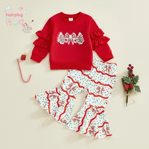 Toddler Baby Girls Clothing Set, Christmas Tree Embroidery Long Sleeve Pullover with Printed Bell Bottom 2Pcs Outfit, Casual Baby Girls Set